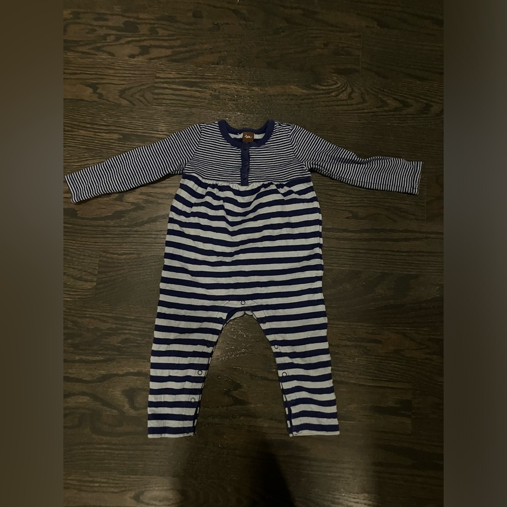 Tea Collection 18-24 Blue Stripe Double Knit Romper